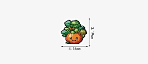 Detailed size chart showing a 4.16cm by 3.19cm pixel art cartoon fruit sticker