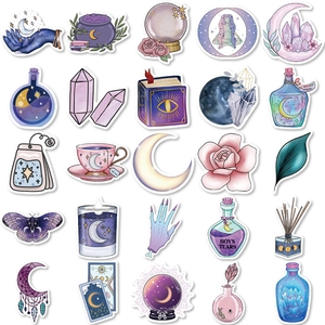 Set of 50 purple magic moon stickers featuring crystals and tarot cards for DIY decoration