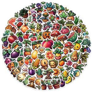 Macro display of pixel art vegetable and fruit stickers for laptop and DIY decor