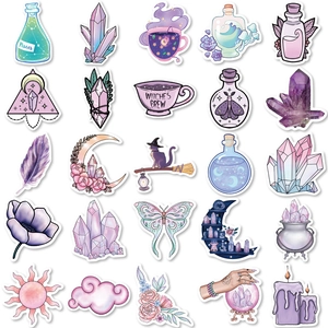 Detail view of 25 unique mystical purple witch stickers with crystals and moon icons