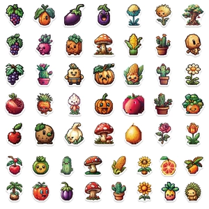 Set of pixel art fruit and vegetable stickers for DIY suitcases and water bottles