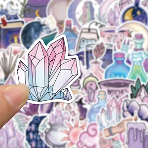 Detail of waterproof PVC purple magic moon sticker with precise white die-cut edges