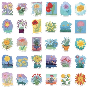 60 pieces of floral graffiti stickers featuring potted plants and flowers for wall decor