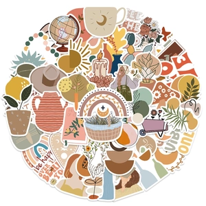 Detailed close-up of waterproof PVC Boho stickers with aesthetic earth tone hand-drawn designs