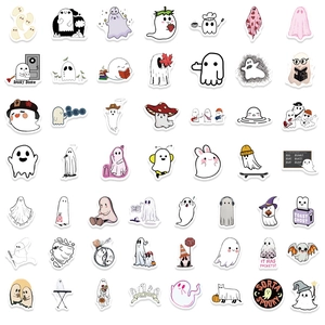 Set of cute cartoon ghost stickers for Halloween decorations on laptops and luggage