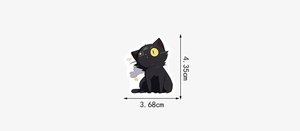 Detailed size specifications of a cartoon black cat sticker measuring 4.35cm by 3.68cm