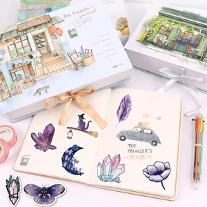 Detailed view of purple magic theme stationery set with stickers and traveler's journal