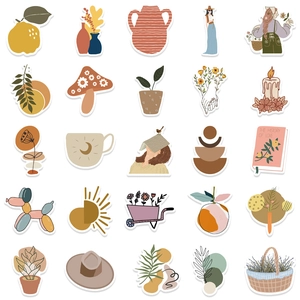 Detailed macro view of 25 BOHO art stickers featuring Morandi tones and minimalist line drawings