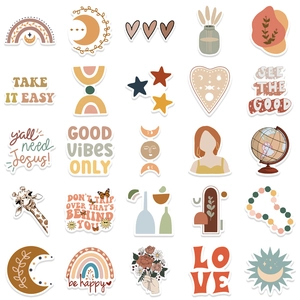 Detail showing 25 BOHO art style waterproof PVC stickers with rainbow and moon patterns
