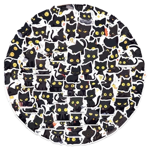Flat illustration of 100 mini cartoon black cat stickers with yellow eyes for laptops