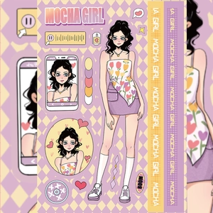 Mocha Girl fashion sticker set with purple tulip dress girl and decorative cell phone icons