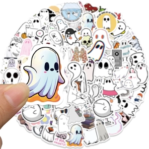 Close-up of cute Halloween ghost stickers set featuring cartoon designs and funny phrases