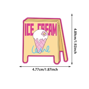 Detail showing ice cream cartoon sticker dimensions of 4.89cm by 4.77cm on white background