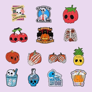 Creative Cute Fruit Skull Enamel Pin Halloween Pumpkin Skeleton Brooch Funny Enamel Badge For Backpack Jacket Decoration Accessories