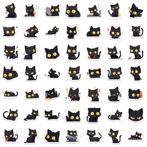 Set of 49 unique cartoon black cat stickers for laptops and stationery decoration