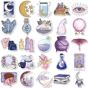 Pack of 50 purple aesthetic mystical stickers with moon and crystal tarot designs