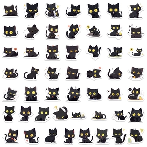Close-up of 49 unique cartoon black cat stickers with yellow eyes in various poses