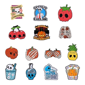 Creative Halloween enamel pin set with skull, pumpkin and funny text designs