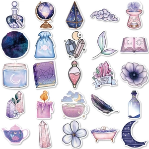 Flat lay of 25 purple mystical magic stickers including potions, moons, and crystal balls