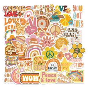 Close-up of waterproof BOHO stickers with vintage peace, floral and retro patterns