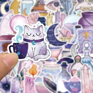 Close-up of cute purple magic cat and moon coffee sticker with waterproof matte finish