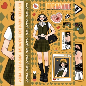 Detail view of Mocha Girl fashion sticker showing cool girl with headphones and plaid vest