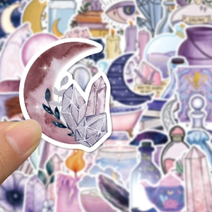 Detailed view of a purple watercolor magic moon and crystal PVC waterproof sticker