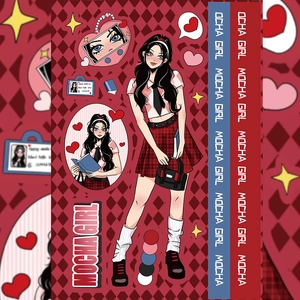 Detailed Mocha Girl anime sticker design featuring British preppy style fashion elements