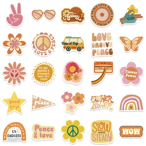 Collection of 25 BOHO aesthetic waterproof stickers with retro 70s hippie motifs