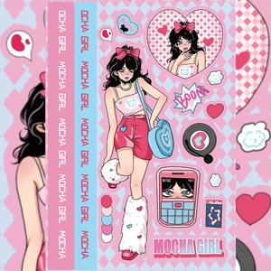 Close-up of Y2K style Mocha Girl stickers with heart patterns and pink flip phone designs