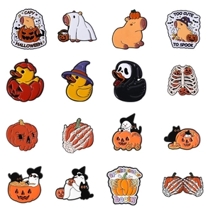 Set of 16 creative Halloween enamel pins featuring cute cats, ducks, and pumpkins