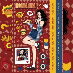 Retro American pop art sticker design featuring Mocha Girl with vintage fast food elements