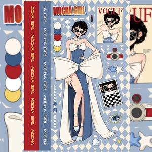 Mocha Girl fashion stickers with vintage camera, red lipstick and pearl motifs