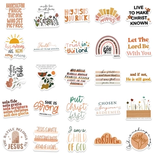 Detail view of 25 boho Christian stickers with Bible verses and floral designs