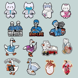 Creative medical enamel pins set featuring cartoon cats, geese, and skull doctor badges