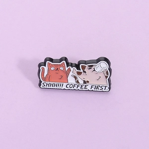 Funny Cartoon Cats Coffee First Zinc Alloy Enamel Brooch Pin Personalised Cat Badge For Clothes Bags Coffee Theme Jewelry Accessories