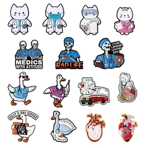 Set of 14 cartoon medical enamel pins featuring cat doctor and goose nurse designs