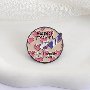 Cute cartoon white cat enamel pin with a knife and hearts, respect pronouns slogan badge