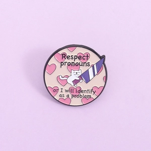 Funny Cartoon Cat Holding Purple Knife Enamel Pin Respect Pronouns Meme Badge Round Zinc Alloy Heart Brooch For Backpack Clothing