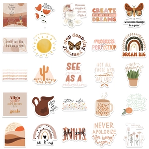 Collection of 25 boho art stickers with rainbows and motivational quotes in warm tones