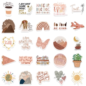 Detailed grid showing 25 boho style waterproof vinyl stickers with inspirational quotes