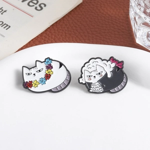 Set of two cute enamel cat brooches with floral wreath and gentleman suit for clothing