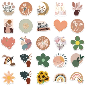 Detailed collection of 25 waterproof BOHO stickers with floral and abstract sun patterns