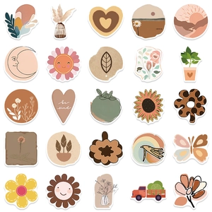 5x5 grid of BOHO art stickers featuring sun, moon, and floral designs in earth tones