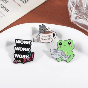 Three-piece cartoon enamel pins featuring a cat in coffee and task-driven frog on white plate