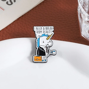 Funny unicorn enamel pin in business suit with coffee and I Need A Break slogan