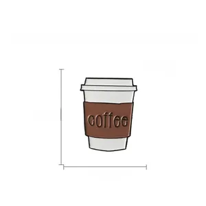 Detail showing white coffee cup enamel pin with brown holder and 1.2 x 0.9 inch size dimensions