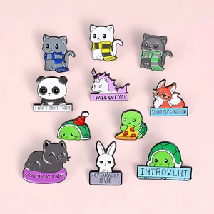 Detailed set of 11 cute animal enamel pins with creative slogans on pink background