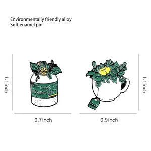 Creative enamel pins featuring green plants in cups and drug bottles for clothing