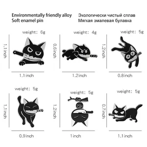 Size chart showing six cartoon black cat enamel pins with dimensions and weights